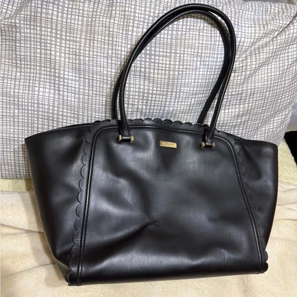 Kate Spade Black Leather Scalloped Large Tote Bag